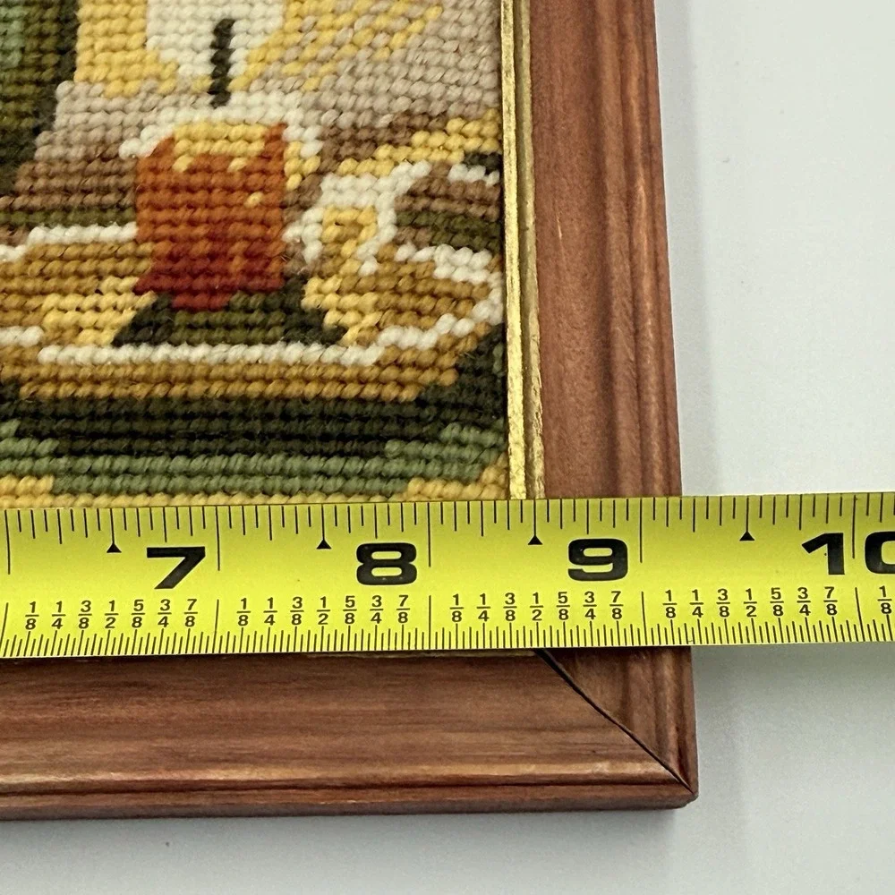 Vintage Needlepoint Still Life‎ Framed Wall Art Bottle Candle Apple 9x9.5